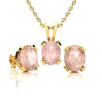 3 Carat Oval Shape Morganite Necklace and Earring Set In 14K Yellow Gold Over Sterling Silver