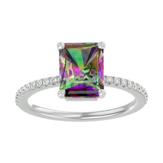 1-1/2 Carat Octagon Shape Mystic Topaz Ring and Diamonds In 14 Karat White Gold