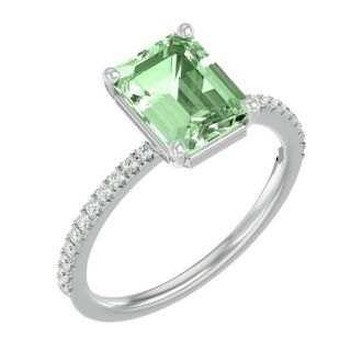 1 1/2 Carat Green Amethyst and Diamond Ring In 14 Karat White Gold