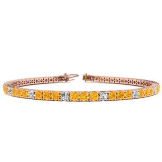 4 1/4 Carat Citrine And Diamond Graduated Tennis Bracelet In 14 Karat Rose Gold, 7 1/2 Inches