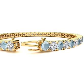 Aquamarine Bracelet: Aquamarine Jewelry: 8 1/4 Carat Aquamarine and Diamond Tennis Bracelet In 14 Karat Yellow Gold, 7 Inches