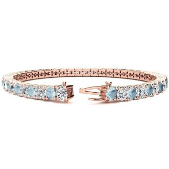 Aquamarine Bracelet: Aquamarine Jewelry: 8 1/4 Carat Aquamarine and Diamond Tennis Bracelet In 14 Karat Rose Gold, 7 Inches