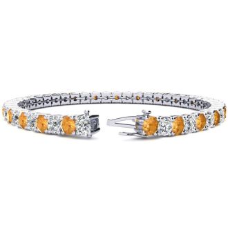 11 3/4 Carat Citrine and Diamond Tennis Bracelet In 14 Karat White Gold, 9 Inches