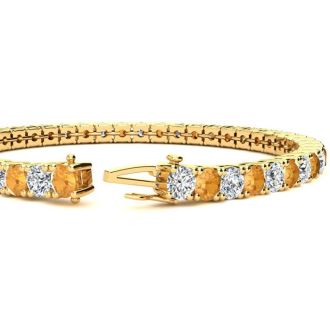 9 3/4 Carat Citrine and Diamond Tennis Bracelet In 14 Karat Yellow Gold, 7 1/2 Inches