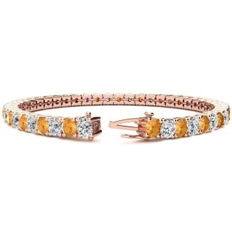 11 3/4 Carat Citrine and Diamond Tennis Bracelet In 14 Karat Rose Gold, 9 Inches