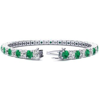 13 1/4 Carat Emerald and Diamond Tennis Bracelet In 14 Karat White Gold, 9 Inches