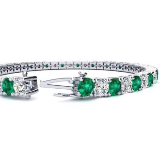 13 1/4 Carat Emerald and Diamond Tennis Bracelet In 14 Karat White Gold, 9 Inches