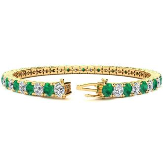 11 Carat Emerald and Diamond Tennis Bracelet In 14 Karat Yellow Gold, 7 1/2 Inches