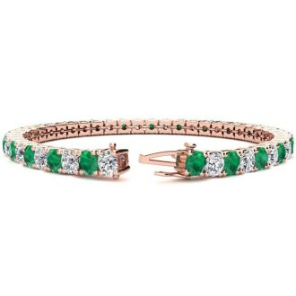 10 1/3 Carat Emerald and Diamond Tennis Bracelet In 14 Karat Rose Gold, 7 Inches