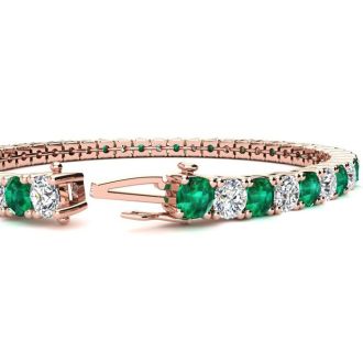 10 1/3 Carat Emerald and Diamond Tennis Bracelet In 14 Karat Rose Gold, 7 Inches