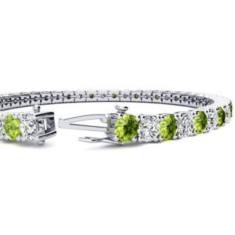 11 1/5 Carat Peridot and Diamond Tennis Bracelet In 14 Karat White Gold, 8 1/2 Inches