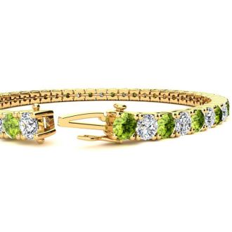 8 1/2 Carat Peridot and Diamond Tennis Bracelet In 14 Karat Yellow Gold, 6 1/2 Inches