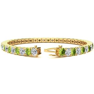 11 1/5 Carat Peridot and Diamond Tennis Bracelet In 14 Karat Yellow Gold, 8 1/2 Inches