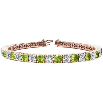 11 3/4 Carat Peridot and Diamond Tennis Bracelet In 14 Karat Rose Gold, 9 Inches