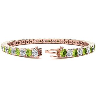 11 3/4 Carat Peridot and Diamond Tennis Bracelet In 14 Karat Rose Gold, 9 Inches