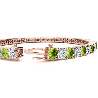 11 3/4 Carat Peridot and Diamond Tennis Bracelet In 14 Karat Rose Gold, 9 Inches
