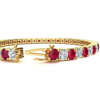 Ruby Bracelet; Ruby Tennis Bracelet; 10 Carat Ruby and Diamond Tennis Bracelet In 14 Karat Yellow Gold