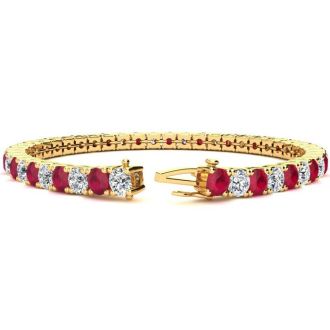 Ruby Bracelet; Ruby Tennis Bracelet; 10 3/4 Carat Ruby and Diamond Tennis Bracelet In 14 Karat Yellow Gold