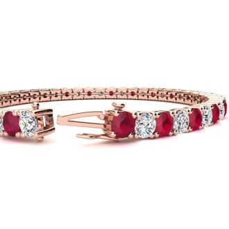 Ruby Bracelet; Ruby Tennis Bracelet; 11 1/2 Carat Ruby and Diamond Tennis Bracelet In 14 Karat Rose Gold