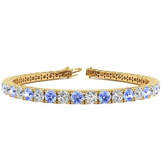 7 1/2 Carat Tanzanite and Diamond Tennis Bracelet In 14 Karat Yellow Gold, 6 Inches