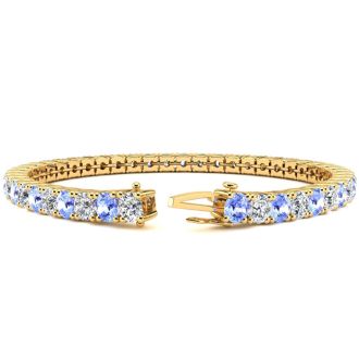 7 1/2 Carat Tanzanite and Diamond Tennis Bracelet In 14 Karat Yellow Gold, 6 Inches