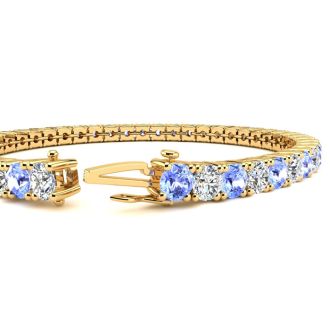 7 1/2 Carat Tanzanite and Diamond Tennis Bracelet In 14 Karat Yellow Gold, 6 Inches