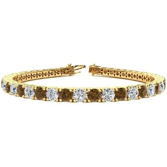 9 1/2 Carat Chocolate Bar Brown Champagne and White Diamond Tennis Bracelet In 14 Karat Yellow Gold, 7 Inches