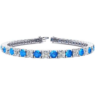 13 1/4 Carat Blue Topaz and Diamond Tennis Bracelet In 14 Karat White Gold, 9 Inches