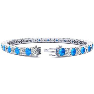 13 1/4 Carat Blue Topaz and Diamond Tennis Bracelet In 14 Karat White Gold, 9 Inches