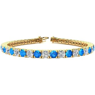 8 3/4 Carat Blue Topaz and Diamond Tennis Bracelet In 14 Karat Yellow Gold, 6 Inches