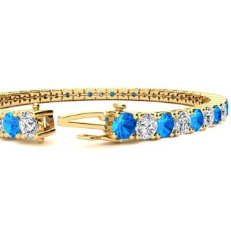 8 3/4 Carat Blue Topaz and Diamond Tennis Bracelet In 14 Karat Yellow Gold, 6 Inches