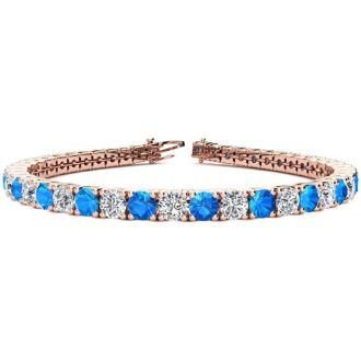 12 Carat Blue Topaz and Diamond Tennis Bracelet In 14 Karat Rose Gold, 8 Inches