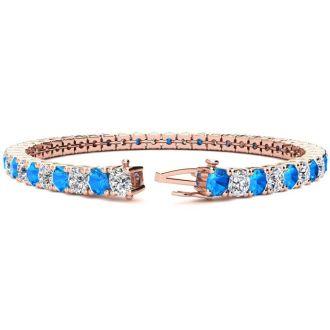 12 Carat Blue Topaz and Diamond Tennis Bracelet In 14 Karat Rose Gold, 8 Inches