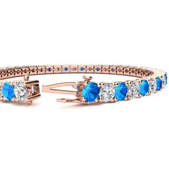 12 Carat Blue Topaz and Diamond Tennis Bracelet In 14 Karat Rose Gold, 8 Inches