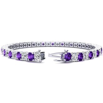 11 1/5 Carat Amethyst and Diamond Tennis Bracelet In 14 Karat White Gold, 8 1/2 Inches