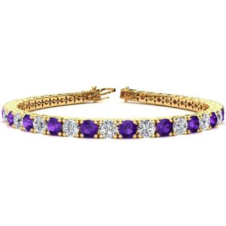 11 3/4 Carat Amethyst and Diamond Tennis Bracelet In 14 Karat Yellow Gold, 9 Inches