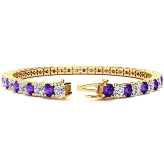 11 3/4 Carat Amethyst and Diamond Tennis Bracelet In 14 Karat Yellow Gold, 9 Inches