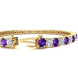 11 3/4 Carat Amethyst and Diamond Tennis Bracelet In 14 Karat Yellow Gold, 9 Inches