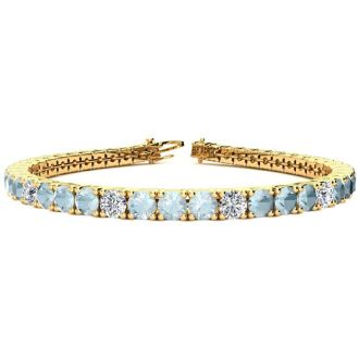 7 3/4 Carat Aquamarine and Diamond Alternating Tennis Bracelet In 14 Karat Yellow Gold, 7 Inches