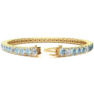 Aquamarine Bracelet: Aquamarine Jewelry: 7 3/4 Carat Aquamarine and Diamond Alternating Tennis Bracelet In 14 Karat Yellow Gold, 7 Inches