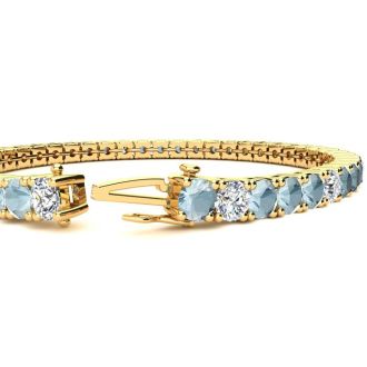 Aquamarine Bracelet: Aquamarine Jewelry: 7 3/4 Carat Aquamarine and Diamond Alternating Tennis Bracelet In 14 Karat Yellow Gold, 7 Inches