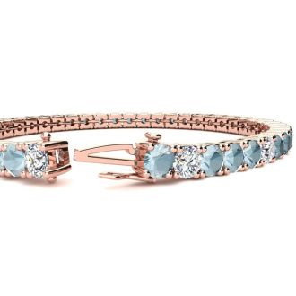Aquamarine Bracelet: Aquamarine Jewelry: 9 1/2 Carat Aquamarine and Diamond Alternating Tennis Bracelet In 14 Karat Rose Gold, 8 1/2 Inches