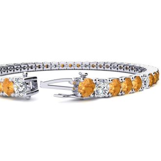 9 3/4 Carat Citrine and Diamond Alternating Tennis Bracelet In 14 Karat White Gold, 7 1/2 Inches