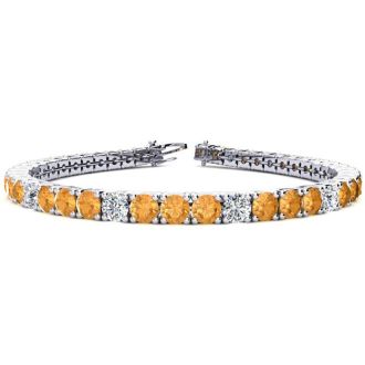 10 1/2 Carat Citrine and Diamond Alternating Tennis Bracelet In 14 Karat White Gold, 8 Inches