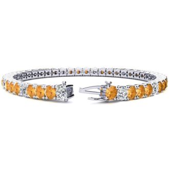 10 1/2 Carat Citrine and Diamond Alternating Tennis Bracelet In 14 Karat White Gold, 8 Inches
