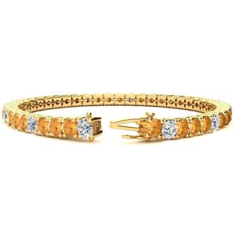 11 1/5 Carat Citrine and Diamond Alternating Tennis Bracelet In 14 Karat Yellow Gold, 8 1/2 Inches