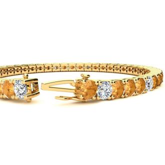 11 1/5 Carat Citrine and Diamond Alternating Tennis Bracelet In 14 Karat Yellow Gold, 8 1/2 Inches