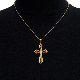 Filigree Diamond Cross Pendant in 10k Yellow Gold