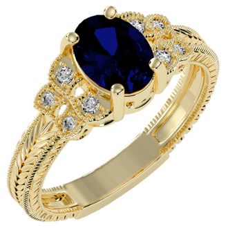 1 3/4 Carat Oval Shape Sapphire and Diamond Ring In 10 Karat Yellow Gold