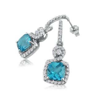Dangling Micropave Blue Topaz and Diamond Earrings, 14K White Gold